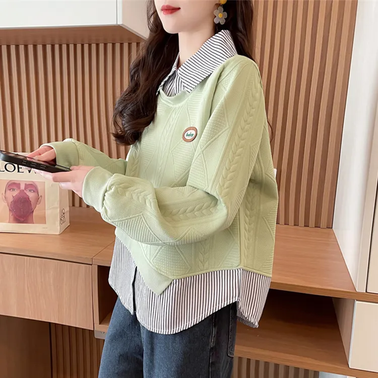 格子衬衫领假两件卫衣女2025新款春秋韩版宽松设计感小众薄款上衣