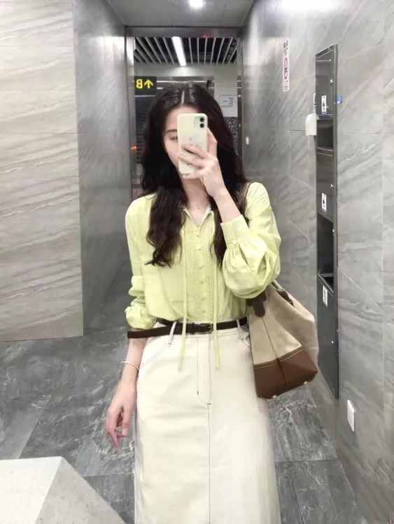 法式复古v领系带长袖衬衫2025秋季新款气质高腰半身裙两件套装