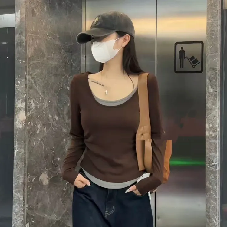 撞色假两件长袖U型领T恤韩系女秋季收腰设计感修身收腰女上衣473#