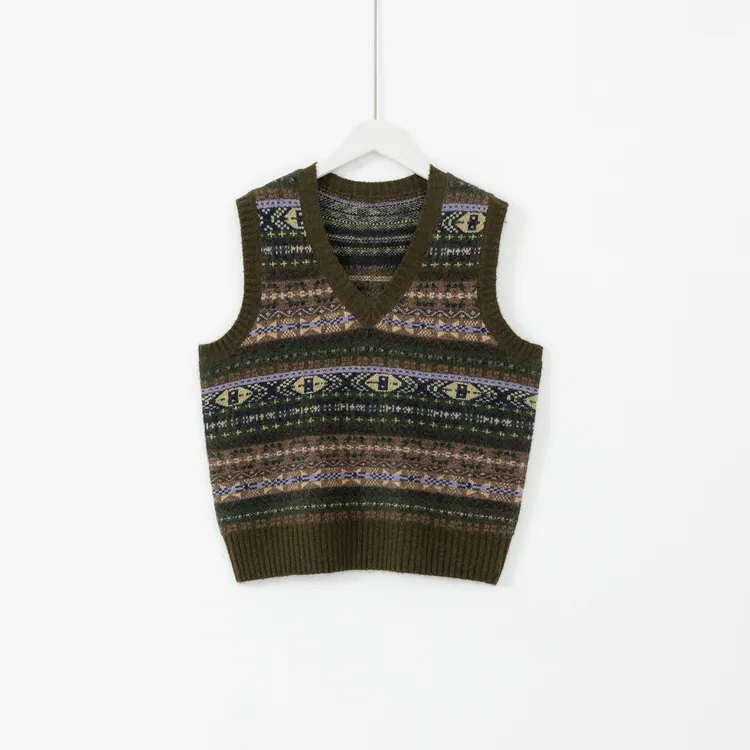 几里与麻 美式复古提花V领毛织马甲 2100450