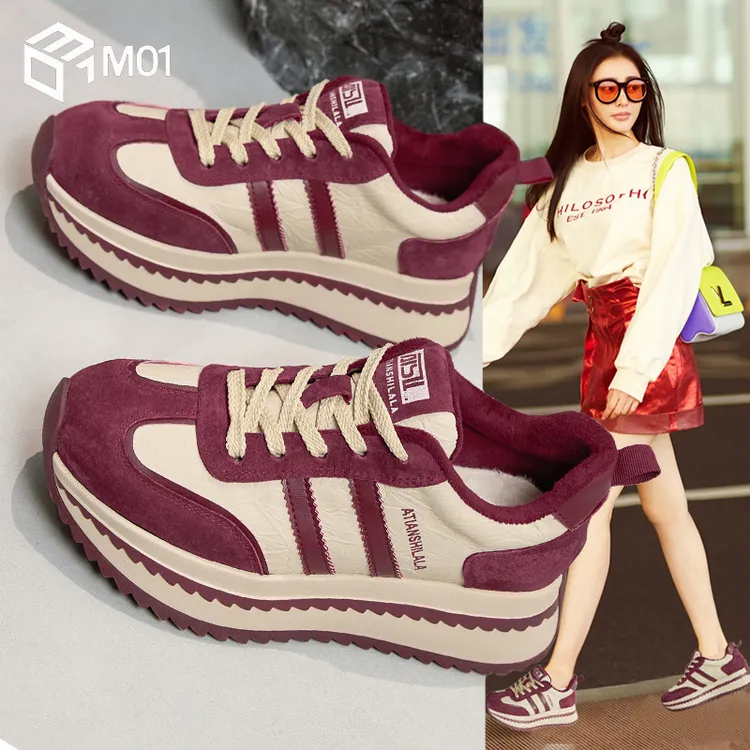 M01红色阿甘鞋女鞋2025秋冬新款加绒棉鞋厚底春季运动休闲老爹鞋