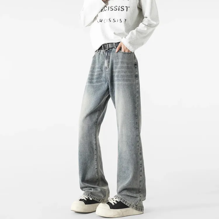 美式复古烟灰色牛仔裤男款2025秋季新款宽松直筒水洗做旧休闲长裤