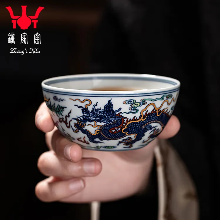 钟家窑陶瓷高档个人茶杯 景德镇柴窑青花斗彩手绘描金龙凤普洱杯