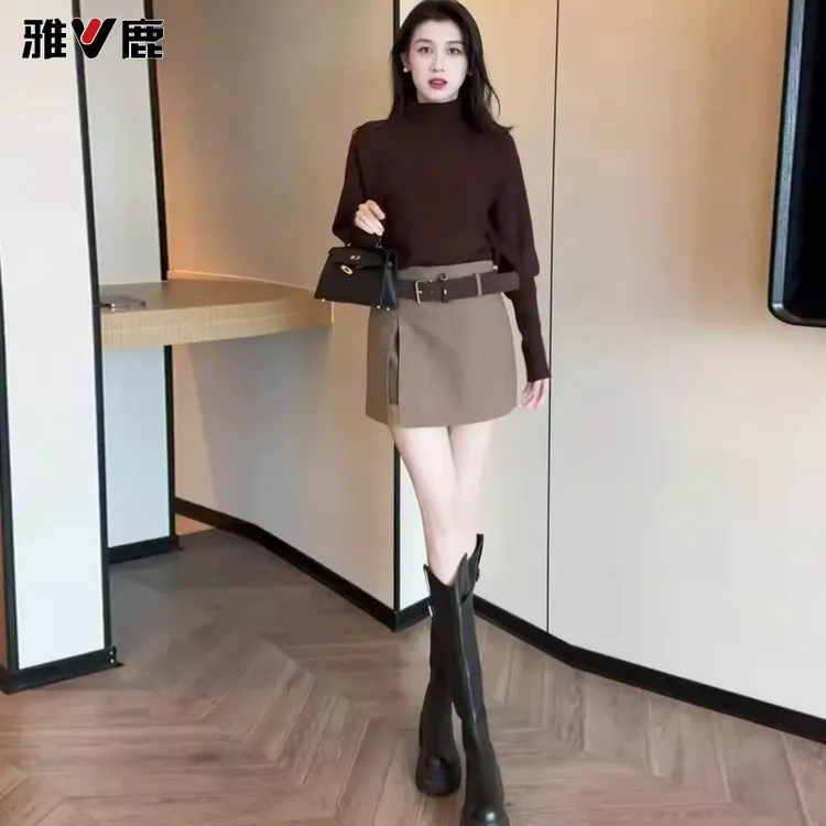 雅鹿时尚套装裙女2025秋冬新款半高领毛衣针织衫半身裙两件套