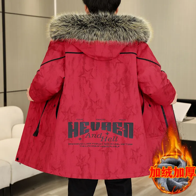 派克服男士冬季外套加绒加厚中长款棉衣青少年潮流冬装保暖棉服