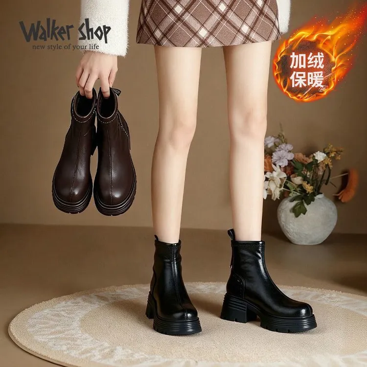 25-815厚底加绒短筒靴女秋冬新款圆头中跟百搭英伦风马丁靴