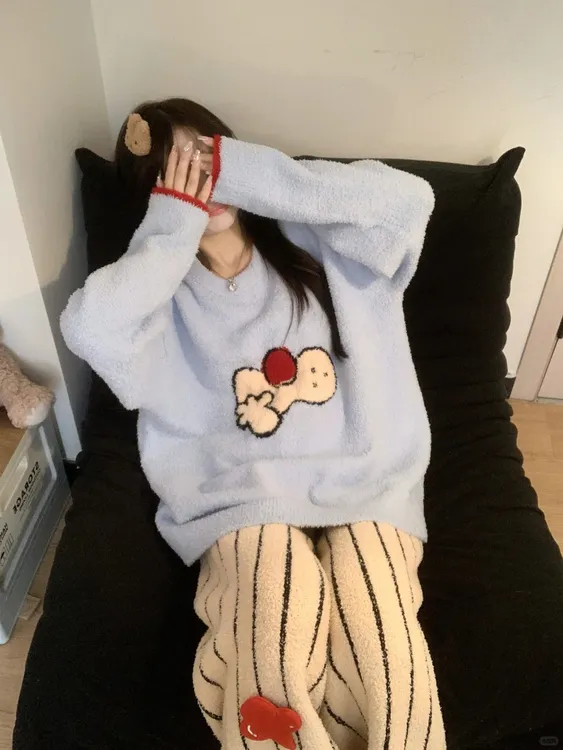 【DMXJ大梦想家】甜美温柔少女睡衣女秋冬款条纹加绒保暖家居服套装