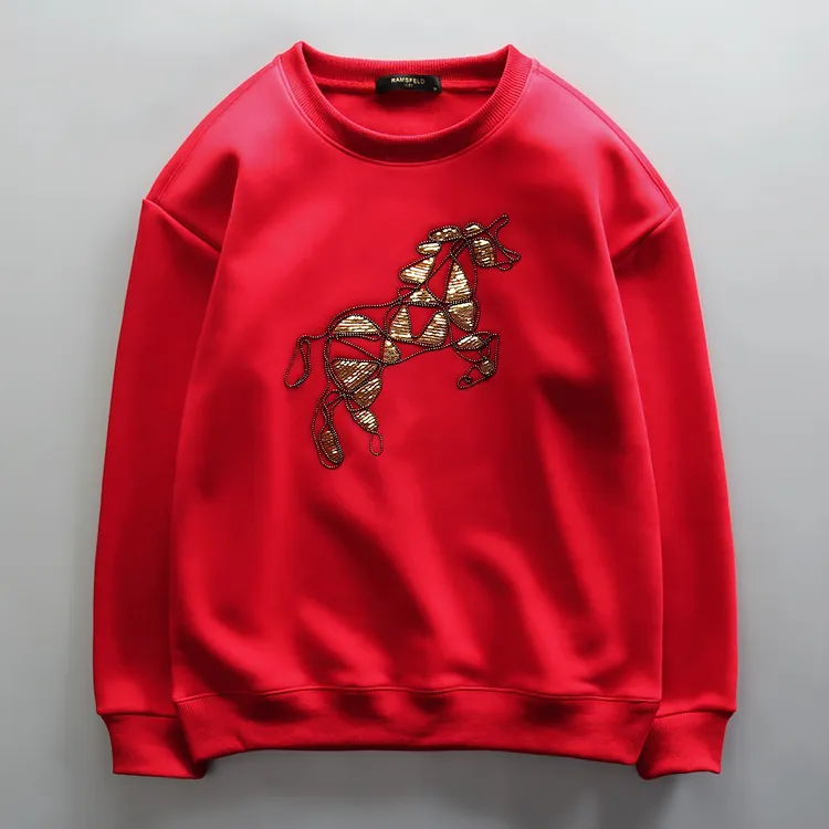 马年本命年刺绣战马卫衣长袖男圆领男士高街红色加绒卫衣新年外套