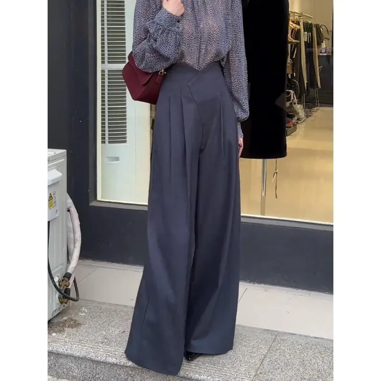 淳启早秋大气格雷系灰色V腰压褶设计垂感高腰拖地阔腿西装裤子女