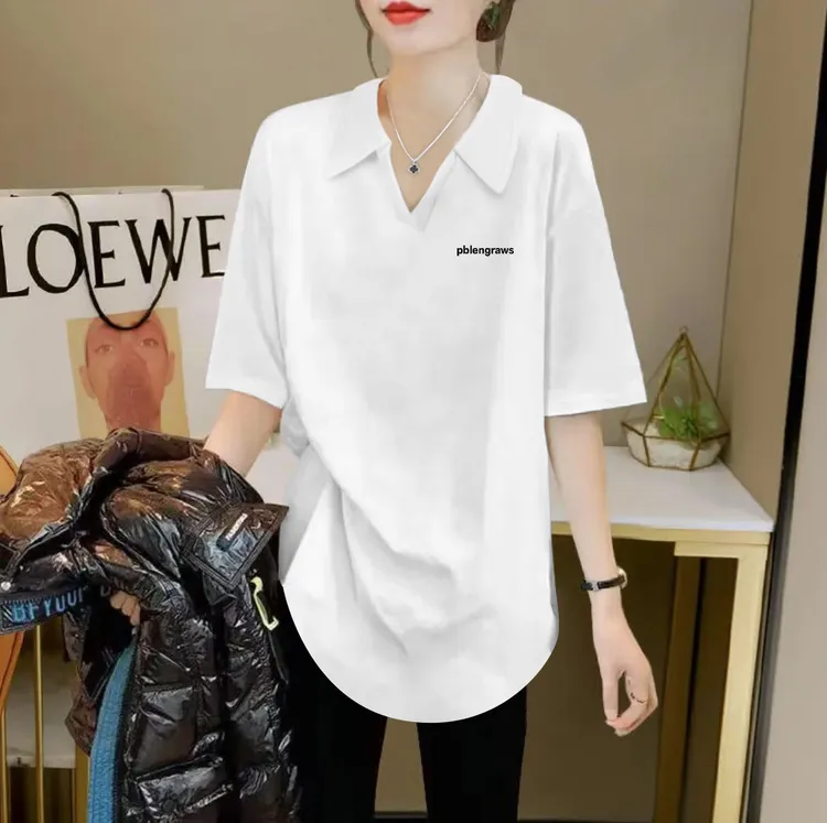 中长款不规则t恤女搭配短牛仔裤上衣白色宽松遮肉短袖V领女装夏季