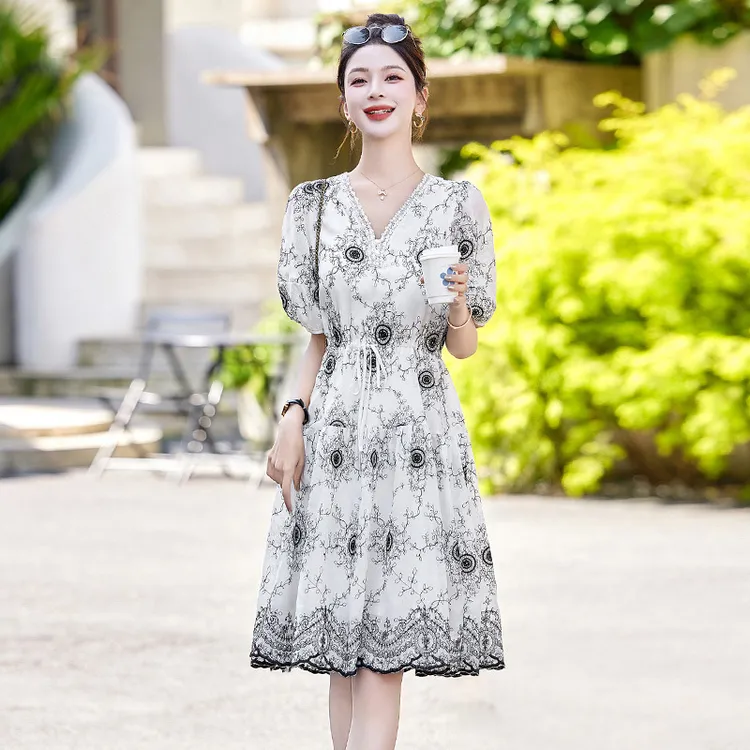 2025年夏季新款气质时尚V领刺绣设计高级感收腰显瘦高腰A字连衣裙