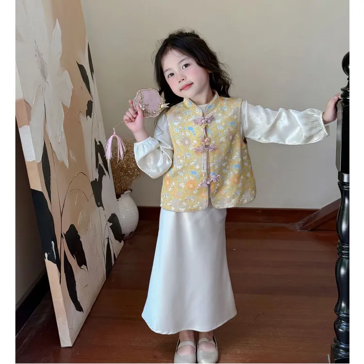 壹妈品质童装秋季女童国风汉服套装儿童洋气马甲上衣半身裙两件套