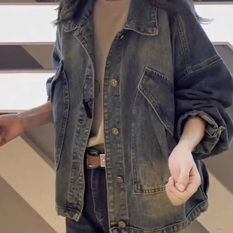 美式复古牛仔外套女2025新款爆款大码宽松百搭做旧夹克牛仔上衣