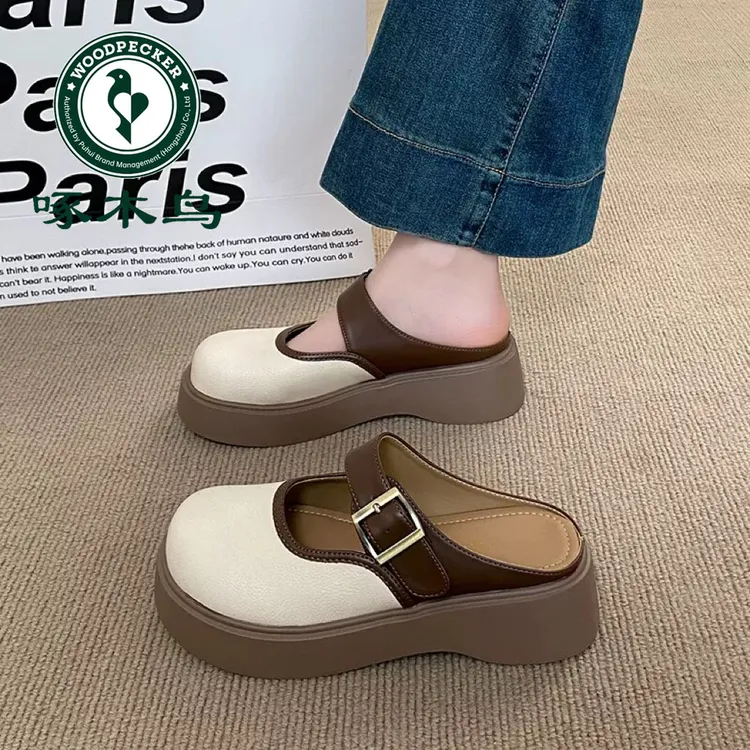 啄木鸟2025新款厚底包头半拖小个子外穿玛丽珍勃肯鞋拖鞋半拖鞋女