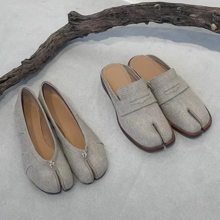 2025新款复古亚麻分趾平底时尚百搭一脚蹬芭蕾舞猪蹄鞋女气质潮流