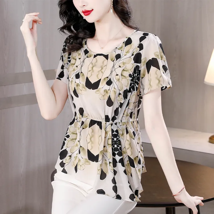 实拍2025夏新款雪纺衫上衣女时尚印花桑蚕丝收腰减龄漂亮别致小衫