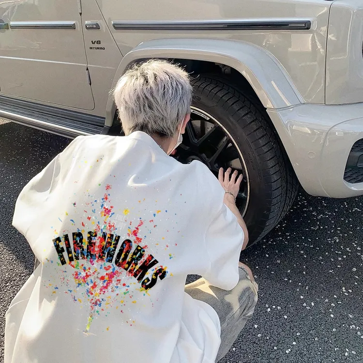 重磅美式高街烟花印花短袖t恤衫男士圆领新款宽松休闲帅气半袖夏