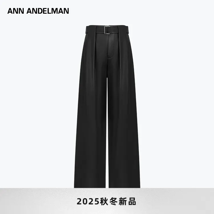 ANN ANDELMAN复古摩登时髦黑色薄软柔糯羔皮裤宽松直筒阔腿长裤子
