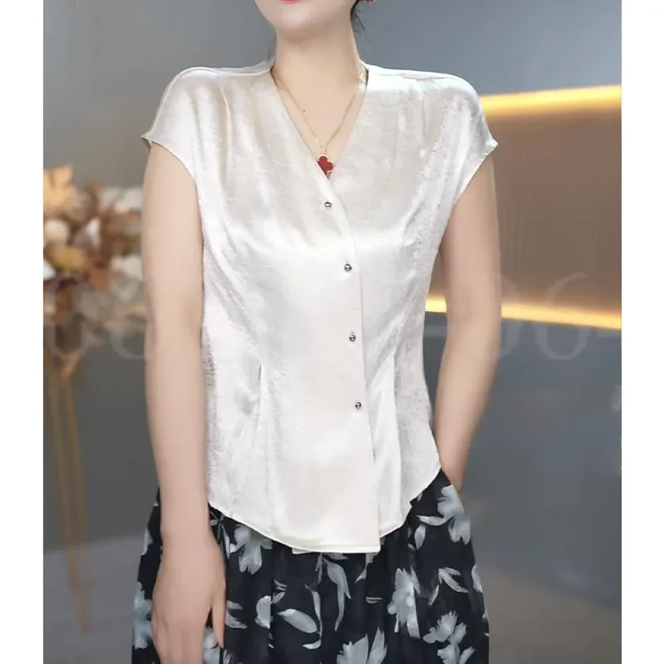 夏季缎面设计感纯色小众时尚气质小衫R短袖V领遮肉显瘦款女士上衣