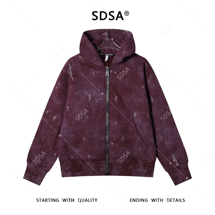 SDSA男士秋冬新款痞帅男装休闲国潮复古滴胶拉链连帽卫衣百搭舒适