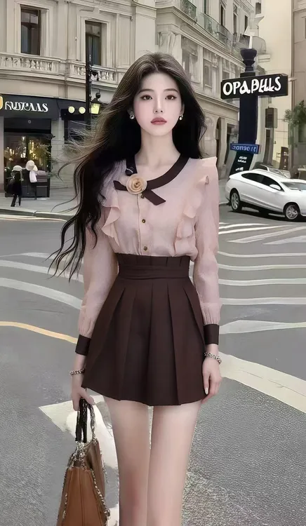 时尚新款轻熟风粉色长袖圆领设计感上衣+咖色高腰半身裙女两件套