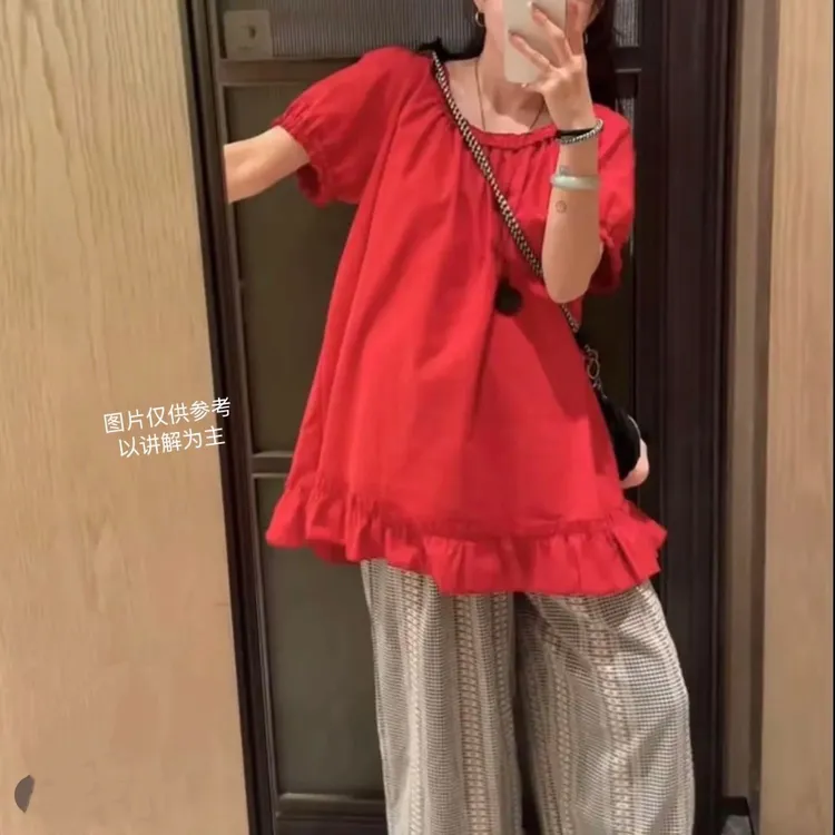 2025夏季新款大码女装韩系娃娃衫上衣+九分花边裤