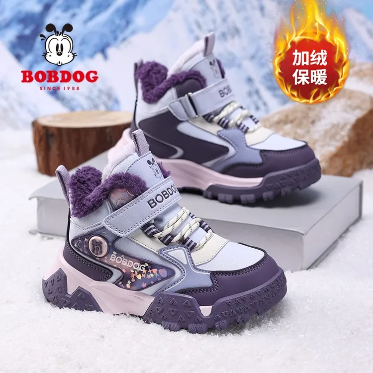 巴布豆女童棉鞋2025冬季新款儿童加绒加厚保暖大棉运动鞋皮面短靴