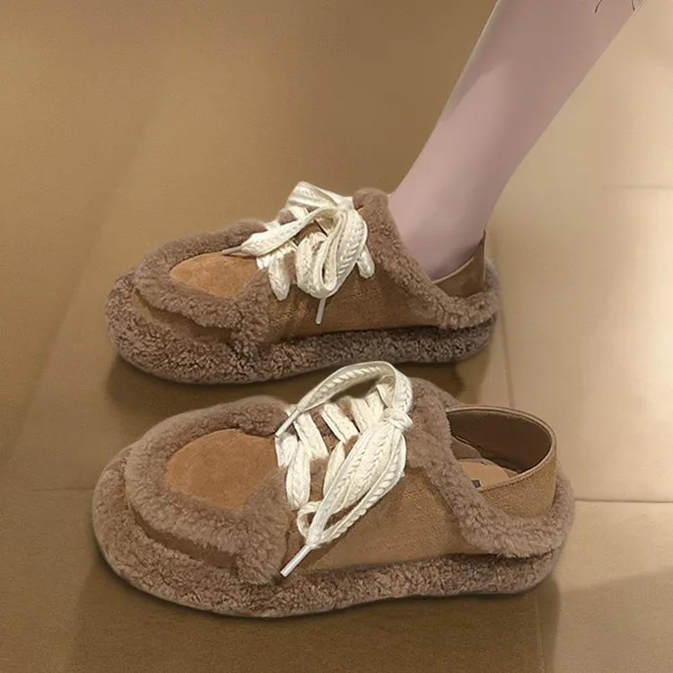 两穿毛毛鞋女系带秋冬加绒外穿保暖棉鞋时尚覆古高级感小众豆豆鞋