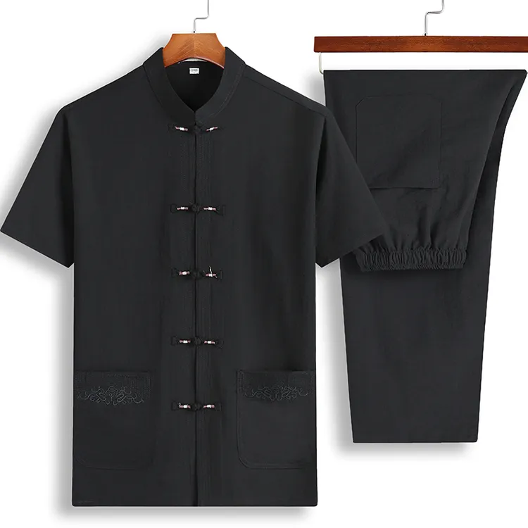 唐装中国风薄款刺绣套装，麻盘扣套装，男士休闲好看夏季中式爸爸