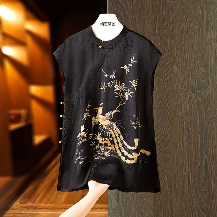 复古圆领新中式中长款T恤时尚印花宽松短袖无袖常规 8045