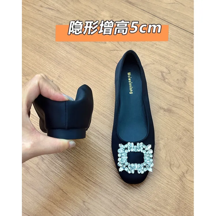流光风~水钻缎面单鞋女夏2025新款内增高芭蕾鞋银色水钻尖头婚鞋