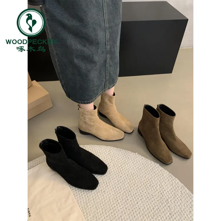 啄木鸟高级感复古洋气小短靴女2025单靴粗跟瘦瘦靴法式绒面小踝靴