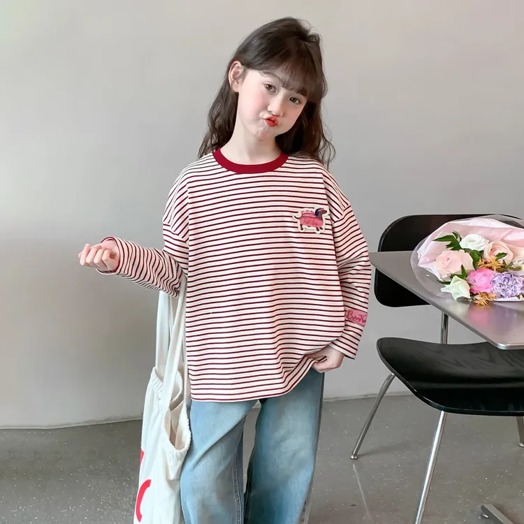 女童条纹t恤长袖春秋款2025新款洋气童装女孩春季上衣儿童打底衫