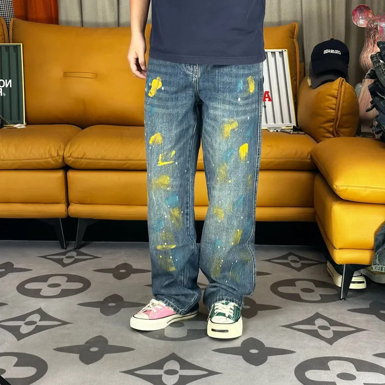 新款美式潮牌痞帅泼漆泼墨印花宽松直筒休闲牛仔裤男潮流男款裤子