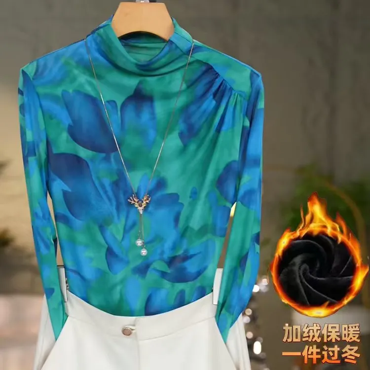 603#2025秋冬洋气高贵半高领打底衫时尚百搭网纱长袖修身显瘦T恤