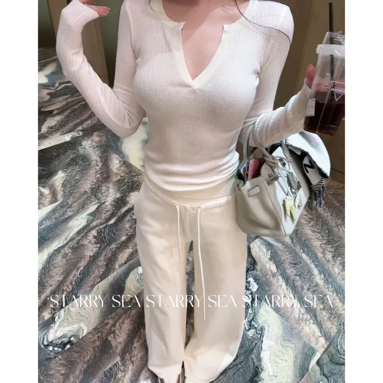 PP福利 V领柔柔修身百搭上衣 定染百搭直筒休闲裤#PP0178TZ