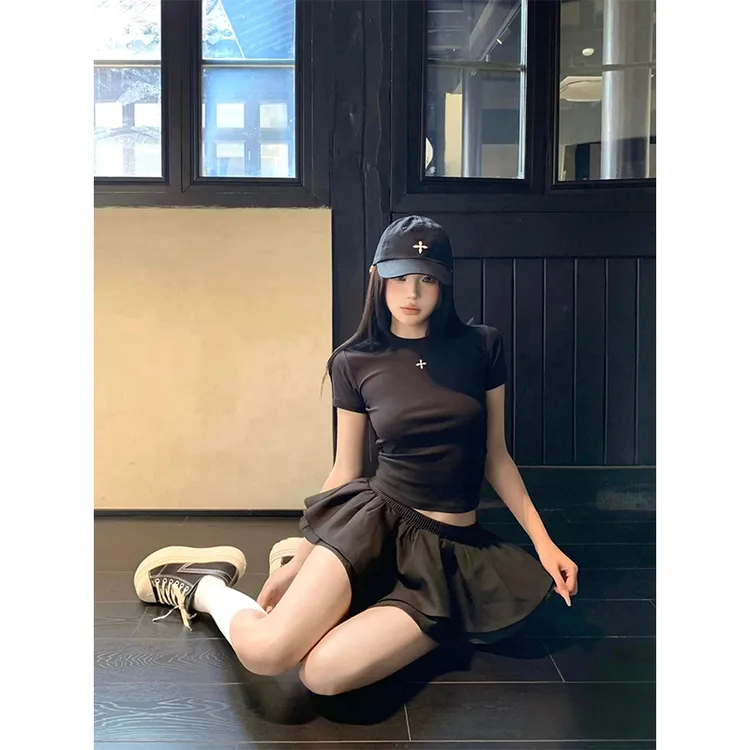 辣妹纯欲风网红洋气炸街女装短款修身正肩T恤上衣蓬蓬裙半身短裙