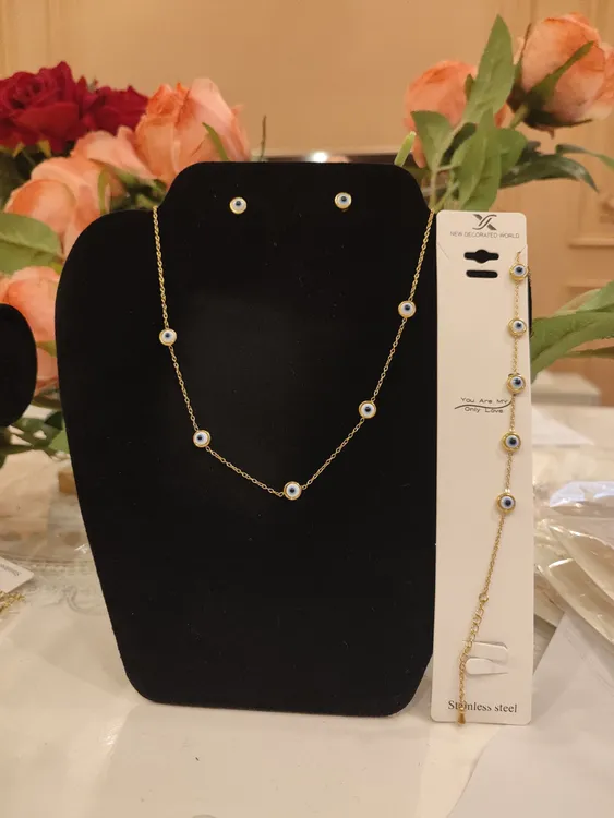 不锈钢项链 欧美时尚个性蓝眼睛配件链条不锈钢项链耳钉手链套装