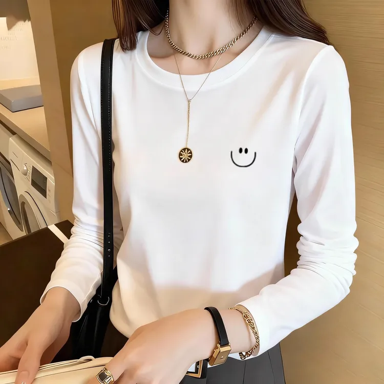 白色圆领长袖t恤女加绒印花打底衫2025秋冬新款内搭洋气减龄上衣