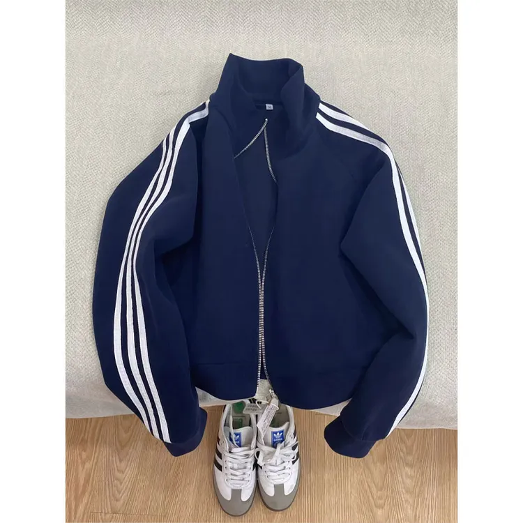 藏青色三条杠开衫外套男款春秋cleanfit立领棒球服条纹拼接卫衣