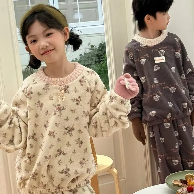 A类儿童家居服套装秋冬季加绒加厚雪呢绒男童女童睡衣中大童保暖