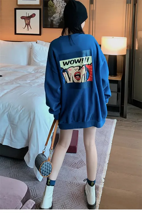 新款时尚洋气百搭女装孔雀蓝卫衣女宽松慵懒风中长款秋冬圆领上衣