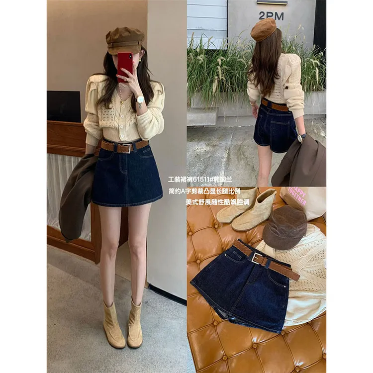 丹宁蓝高腰牛仔半身短裙女2025早秋新款宽松显瘦阔腿A字短裤裙