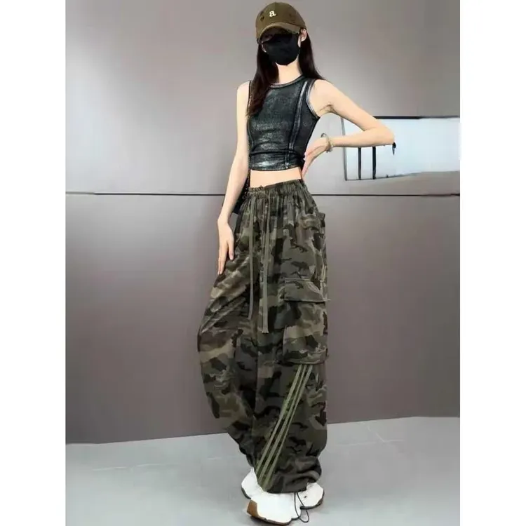 美式条纹迷彩工装裤男女2024秋季新款休闲宽松显瘦直筒阔腿长裤子