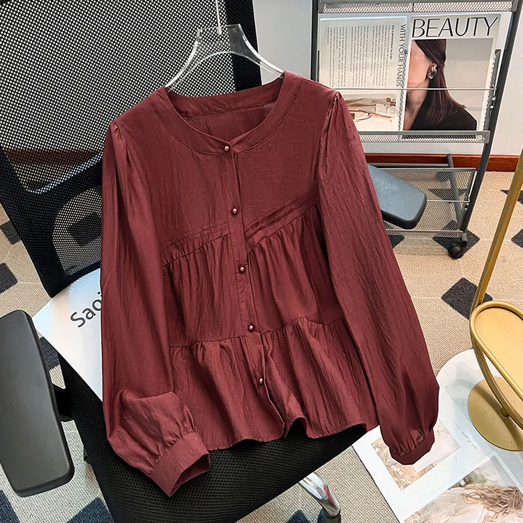 拉夏贝尔安可拉红长袖气质衬衫女2025新款春秋宽松高级感穿搭上衣