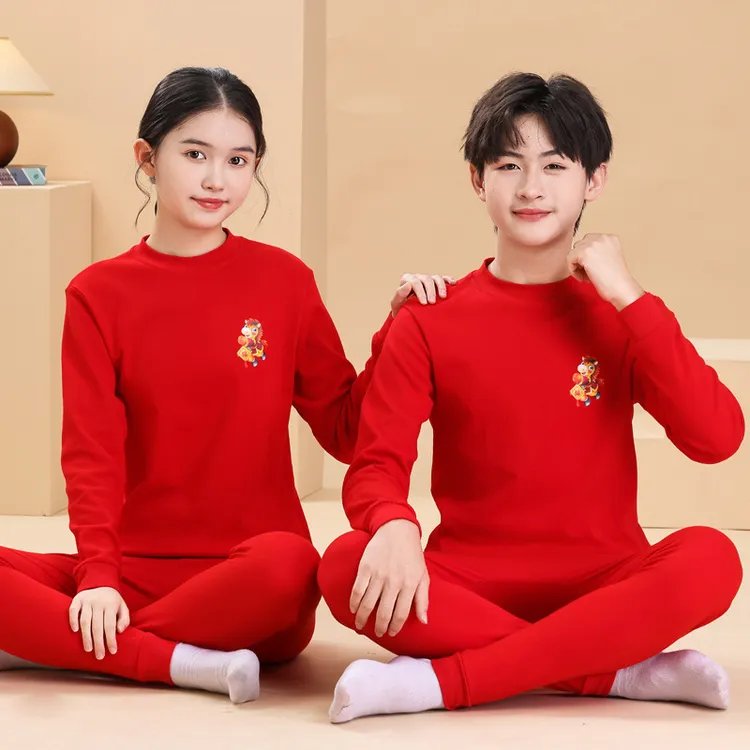 棉100%儿童秋衣秋裤大红色套装马年男童纯棉睡衣女大童本命年保暖
