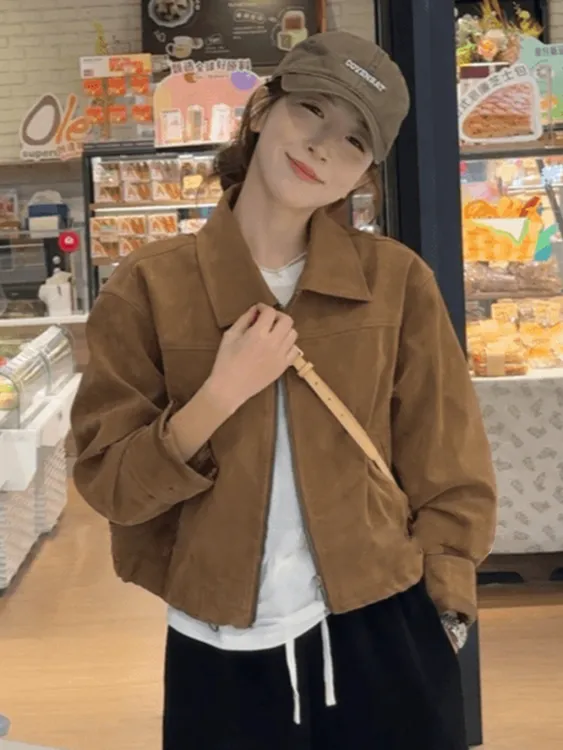 棕色小香风麂皮外套女早秋2025新款小个子短款休闲夹克机车服上衣