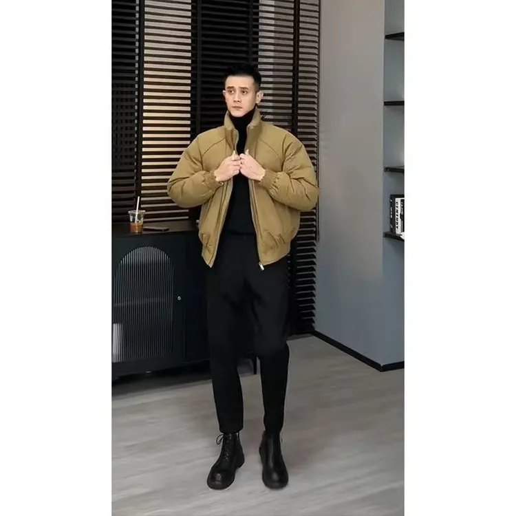 冬季立领加厚羽绒服男休闲简约时尚纯色保暖百搭飞行工装夹克外套