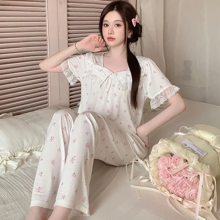 GPSUNLU夏季甜美高级感荷叶边短袖长裤新款小碎花睡衣女家居服