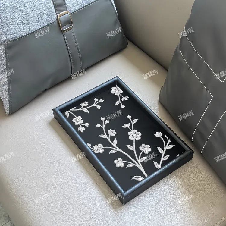 新款木质法式白色小花皮革托盘置物盘小物件收纳盘客厅桌面托盘